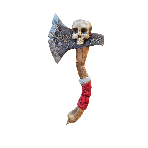 A pirate axe with a skull and cross bone in the hilt high quality low poly game asset