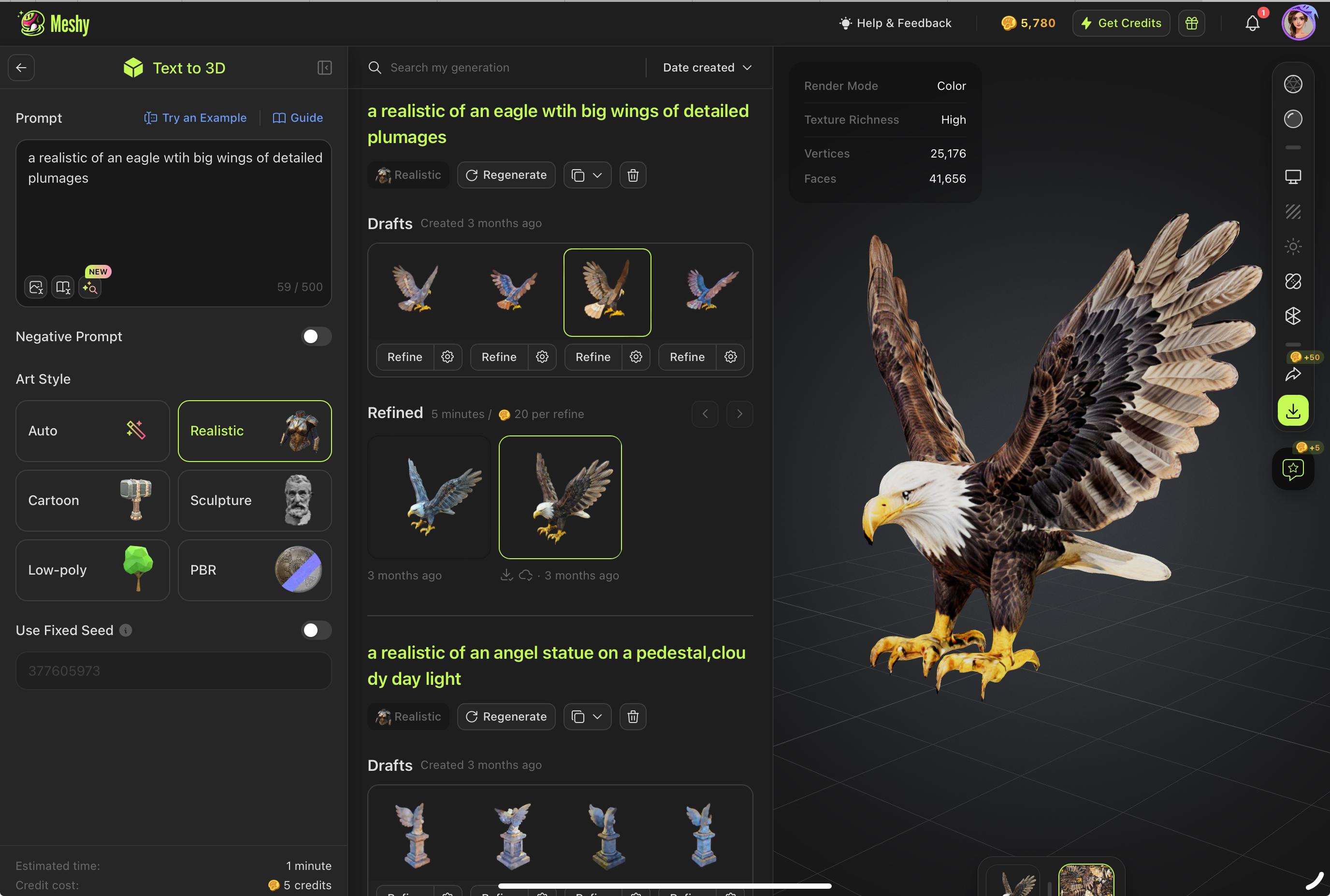 Generate a 3D eagle model with Meshy