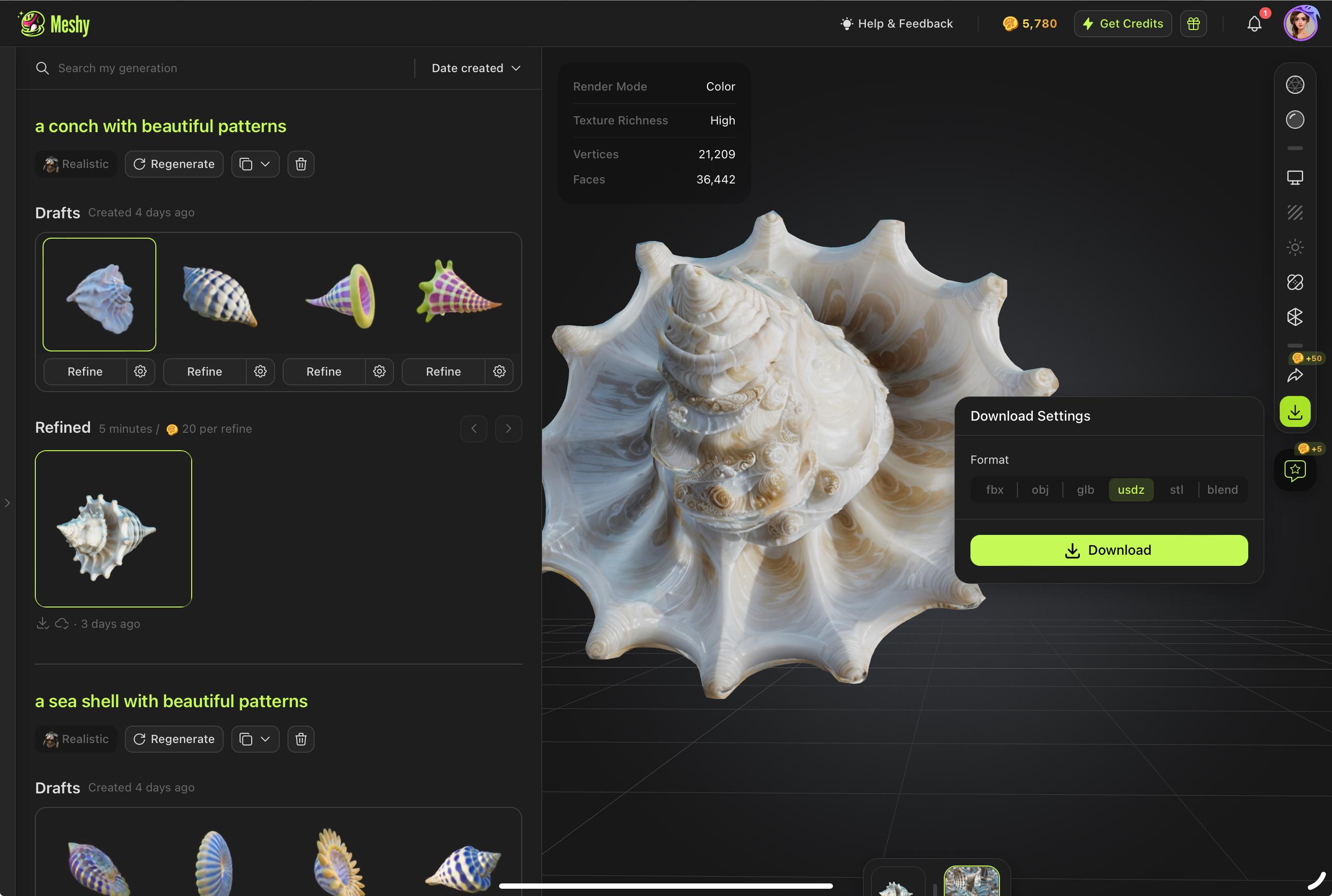 Generate a 3D conch model with Meshy