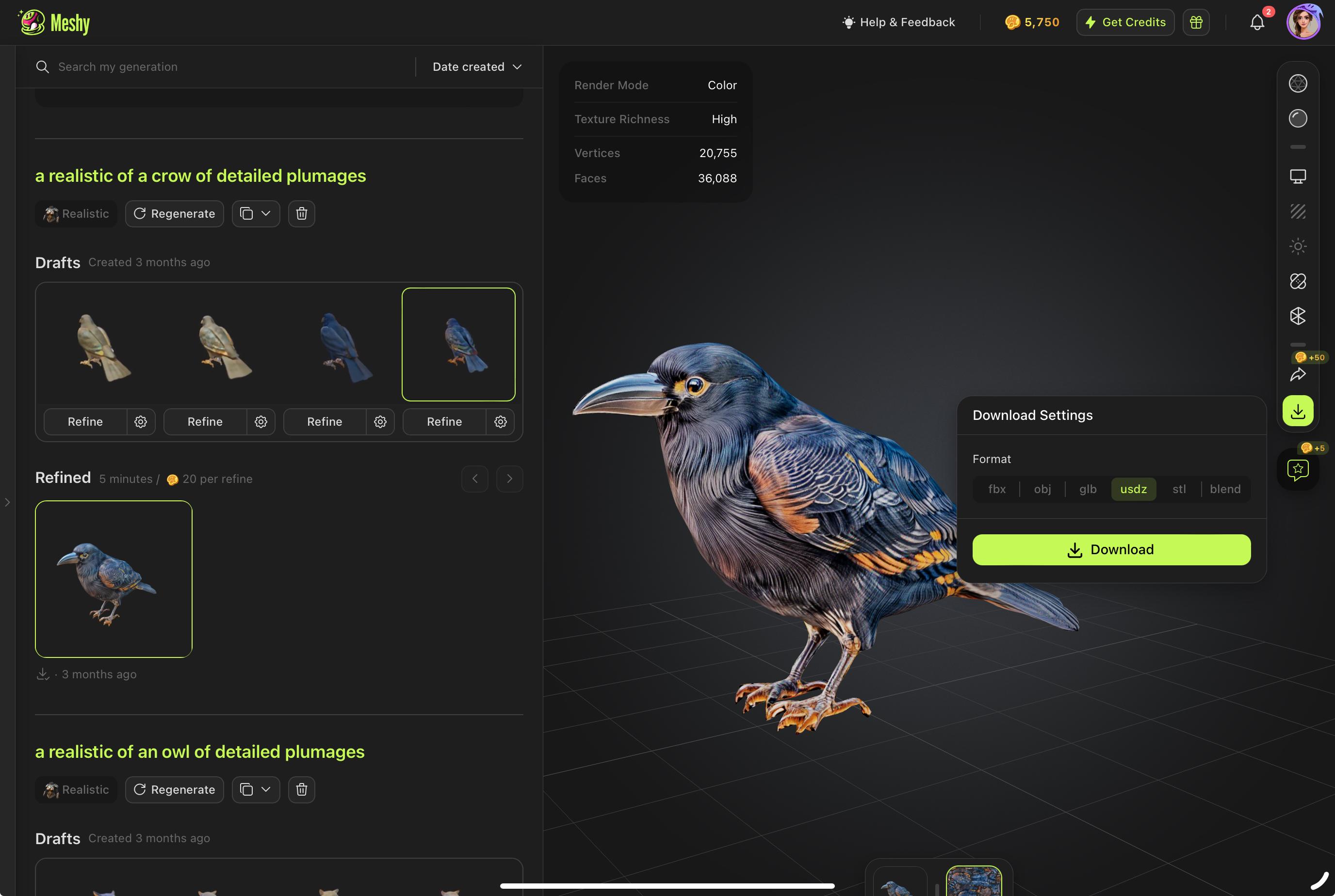 Generate a 3D crow model with Meshy