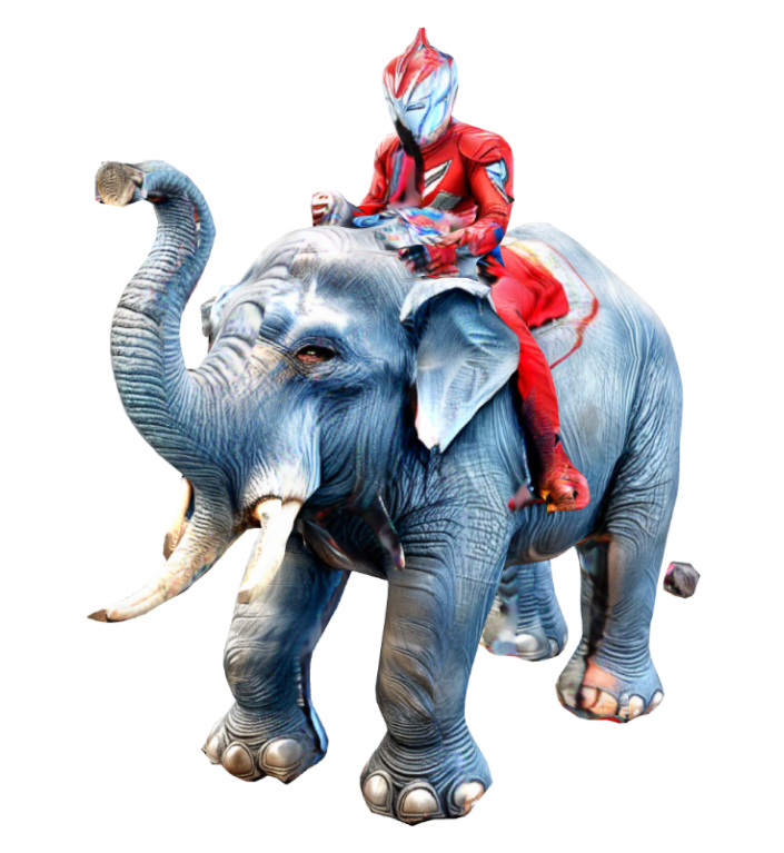 Ultraman riding an elephant
